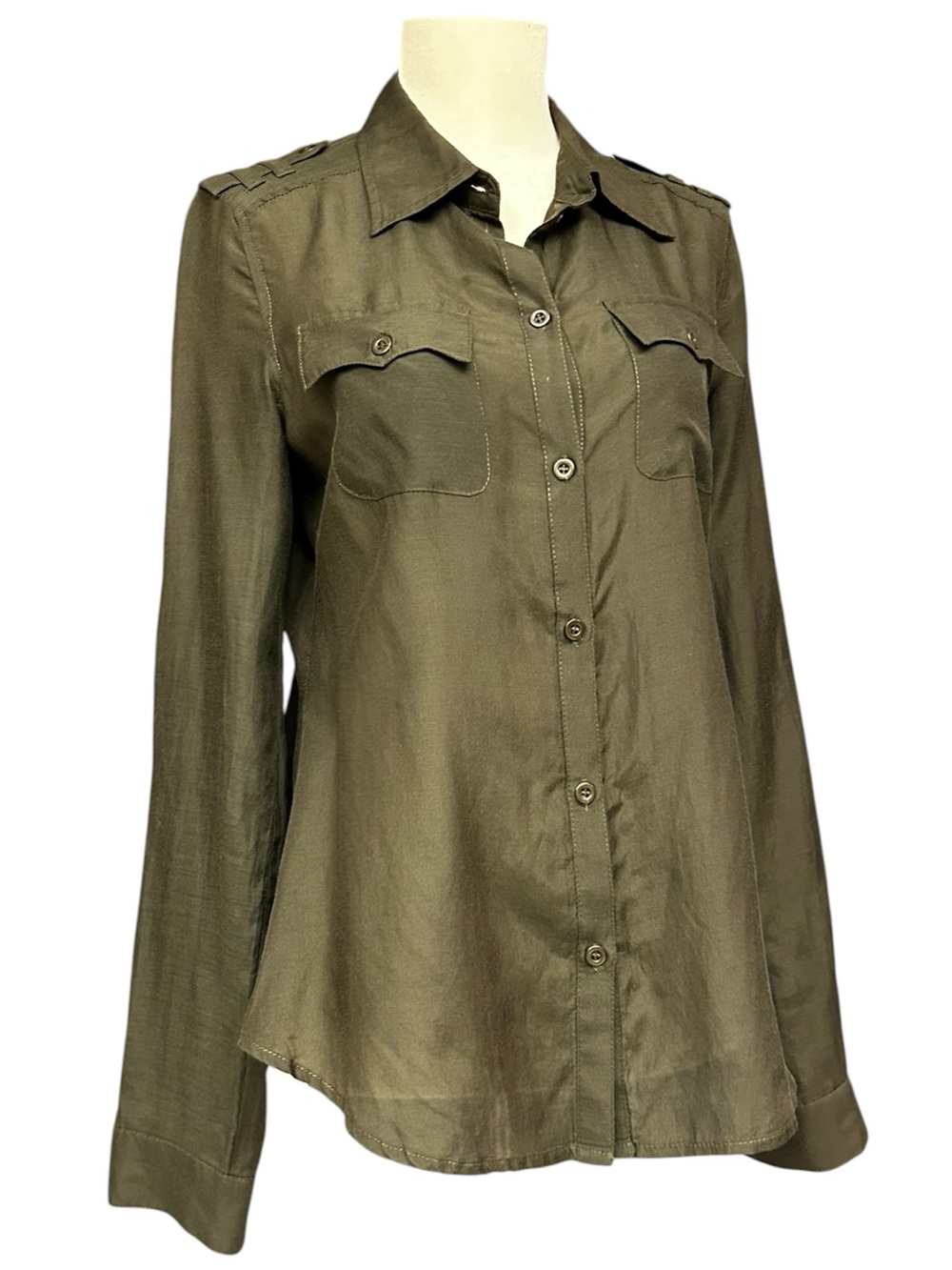 COOP Barneys NY, Olive Green Silk Blend Utility Button Front Shirt XS